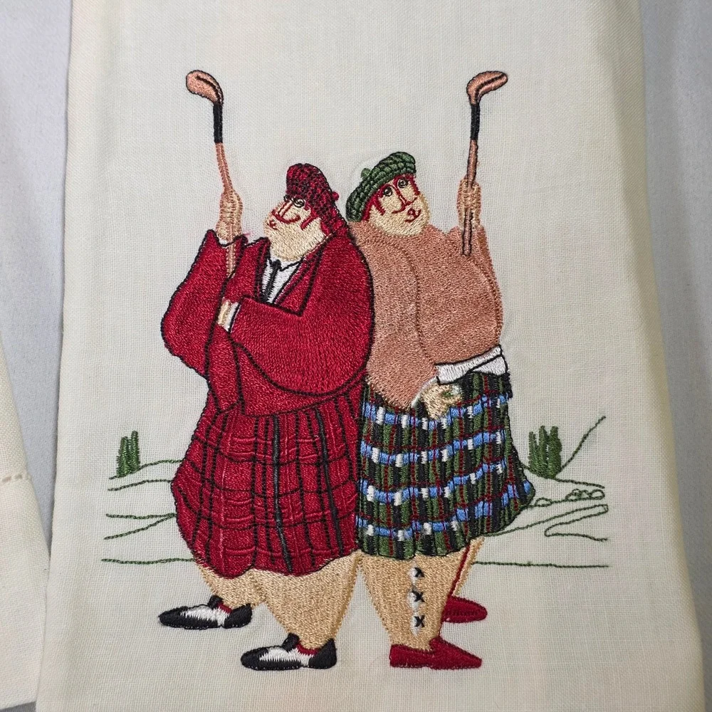 Scottish Golfers White Embroidered Tea Towels Set of 3 Ramie Cotton